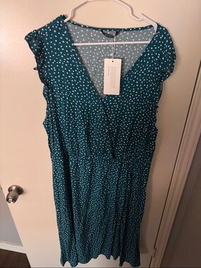 BloomChic Teal Polka Dot V-Neck Midi Dress